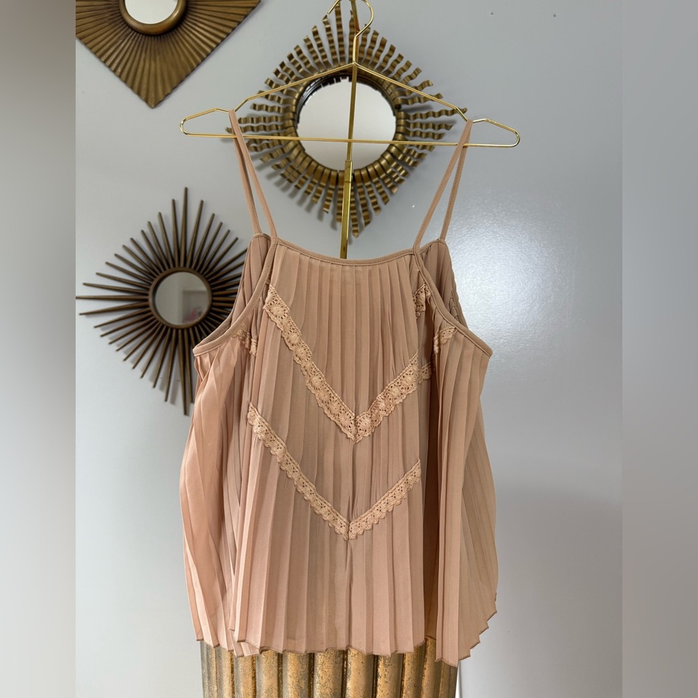 The Cove - Tan Pleated Top w/ Crochet Details